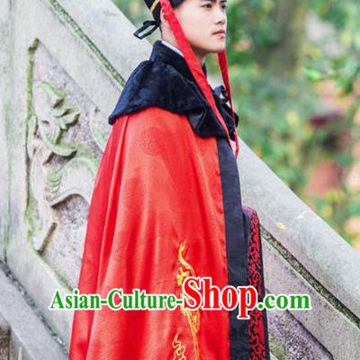 Traditional Chinese Han Dynasty Prince Hanfu Costume Red Cloak, China Ancient Scholar Embroidery Cape Clothing for Men