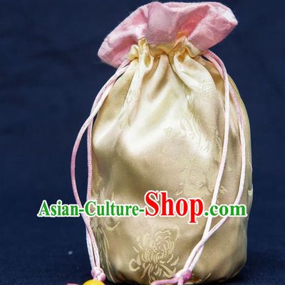 Traditional Handmade Chinese Ancient Young Lady Pouch Yellow Handbags, China Hanfu Embroidery Satin Sachet for Women