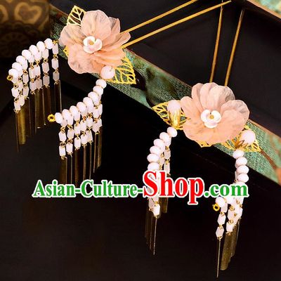 Traditional Handmade Chinese Ancient Classical Hair Accessories Barrettes Hanfu Hairpin Pink Silk Flower Tassel Step Shake, Bride Hair Fascinators Hairpins for Women