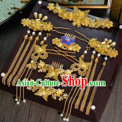 Traditional Handmade Chinese Ancient Classical Hair Accessories Xiuhe Suit Cloisonn Golden Tassel Hairpin Phoenix Coronet Complete Set, Hair Sticks Hair Jewellery Hair Fascinators for Women