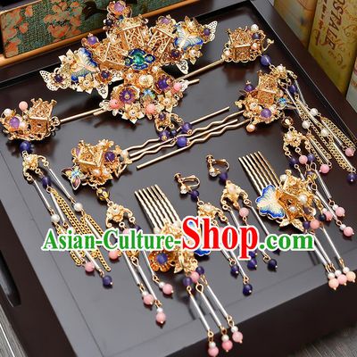 Traditional Handmade Chinese Ancient Classical Hair Accessories Xiuhe Suit Cloisonn Tassel Hairpin Step Shake Phoenix Coronet Complete Set, Hair Sticks Hair Jewellery Hair Fascinators for Women