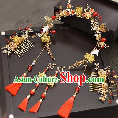 Traditional Handmade Chinese Ancient Classical Hair Accessories Xiuhe Suit Red Tassel Hairpin Step Shake Phoenix Coronet Complete Set, Hair Sticks Hair Jewellery Hair Fascinators for Women