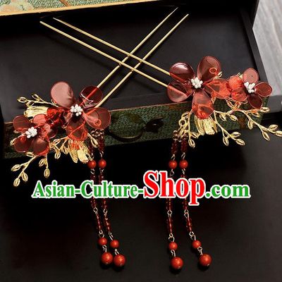 Traditional Handmade Chinese Ancient Classical Hair Accessories Barrettes Hanfu Hairpin Red Flower Tassel Step Shake, Bride Hair Fascinators Hairpins for Women
