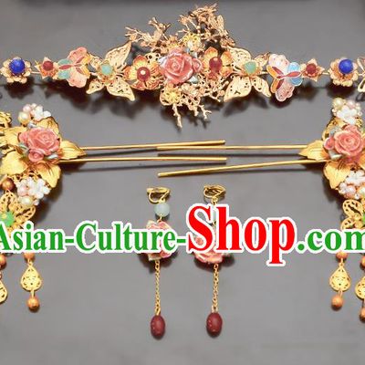 Traditional Handmade Chinese Ancient Classical Hair Accessories Xiuhe Suit Pink Flowers Tassel Hairpin Phoenix Coronet Complete Set, Step Shake Hair Sticks Hair Jewellery Hair Fascinators for Women