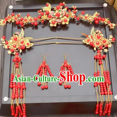 Traditional Handmade Chinese Ancient Classical Hair Accessories Xiuhe Suit Red Beads Tassel Hairpin Phoenix Coronet Complete Set, Step Shake Hair Sticks Hair Jewellery Hair Fascinators for Women