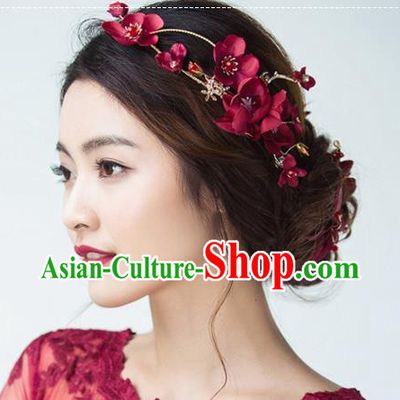 Top Grade Handmade Chinese Classical Hair Accessories Baroque Style Wedding Wine Red Flowers Headband Bride Hair Stick for Women