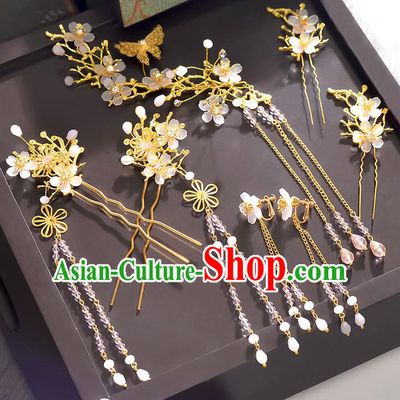 Traditional Handmade Chinese Ancient Wedding Hair Accessories Xiuhe Suit Golden Butterfly Hair Comb Complete Set, Bride Hanfu Hairpins Hair Sticks Hair Jewellery for Women