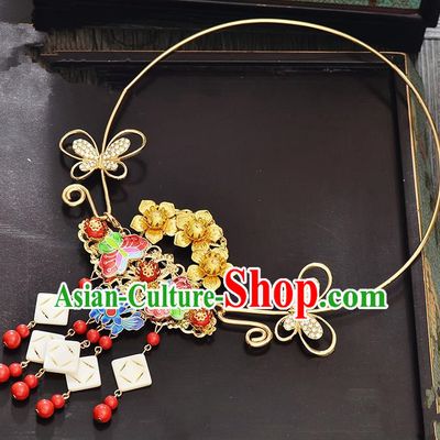 Top Grade Handmade Chinese Classical Jewelry Accessories Xiuhe Suit Wedding Necklace Bride Blueing Lotus Flowers Tassel Necklet for Women