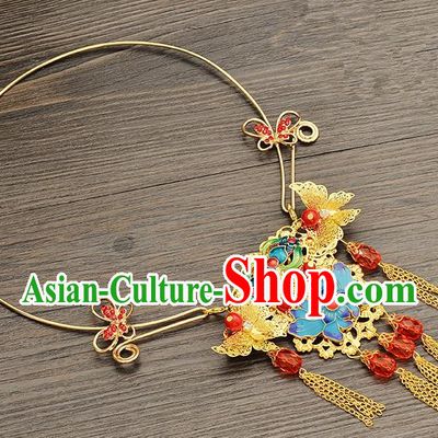 Top Grade Handmade Chinese Classical Jewelry Accessories Xiuhe Suit Wedding Necklace Bride Blueing Lotus Flowers Tassel Necklet for Women