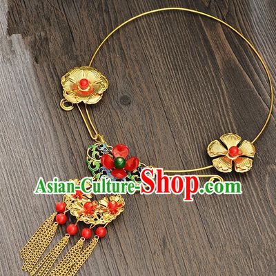 Top Grade Handmade Chinese Classical Jewelry Accessories Xiuhe Suit Wedding Necklace Bride Golden Flowers Tassel Collar Necklet for Women