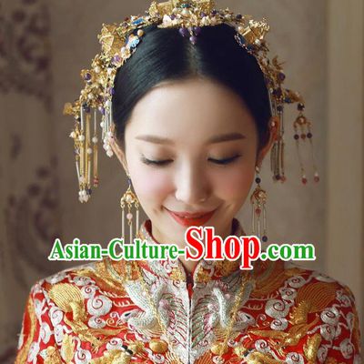 Traditional Handmade Chinese Ancient Wedding Hair Accessories Xiuhe Suit Phoenix Coronet Complete Set, Bride Tassel Step Shake Hanfu Hairpins Hair Sticks Hair Jewellery for Women
