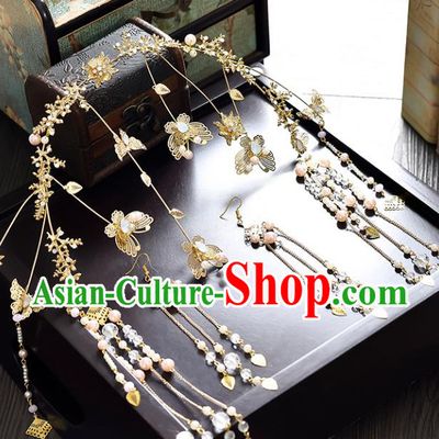 Traditional Handmade Chinese Ancient Classical Hair Accessories Xiuhe Suit Butterfly Tassel Hairpin Opal Phoenix Coronet Complete Set, Step Shake Hair Sticks Hair Jewellery for Women
