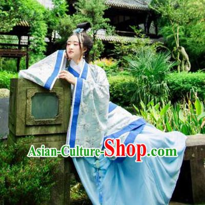 Traditional Chinese Han Dynasty Imperial Consort Hanfu Costume Blue Curve Bottom, China Ancient Dress Palace Princess Peri Printing Clothing for Women