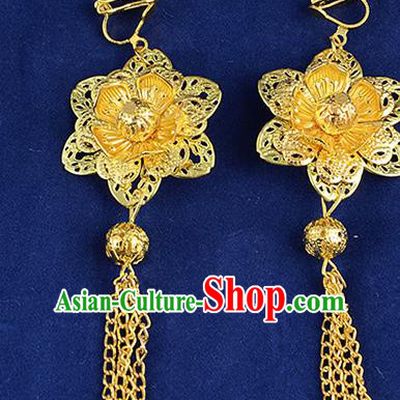 Top Grade Handmade Chinese Classical Jewelry Accessories Xiuhe Suit Wedding Golden Flower Earrings Bride Tassel Eardrop for Women