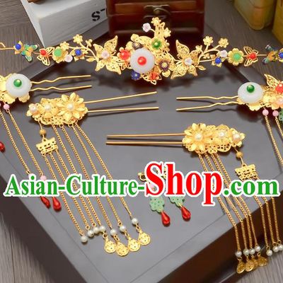 Traditional Handmade Chinese Ancient Wedding Hair Accessories Xiuhe Suit White Jade Tassel Phoenix Coronet Complete Set, Bride Hair Sticks Hair Jewellery for Women