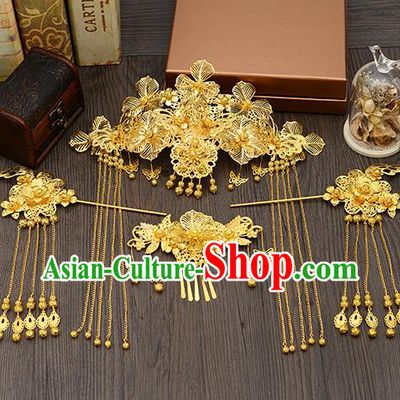 Traditional Handmade Chinese Ancient Wedding Hair Accessories Xiuhe Suit Golden Butterfly Tassel Step Shake Phoenix Coronet Complete Set, Bride Hair Sticks Hair Jewellery for Women