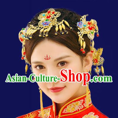 Traditional Handmade Chinese Ancient Wedding Hair Accessories Xiuhe Suit Cloisonn Phoenix Coronet Complete Set, Bride Hanfu Hair Sticks Hair Jewellery for Women