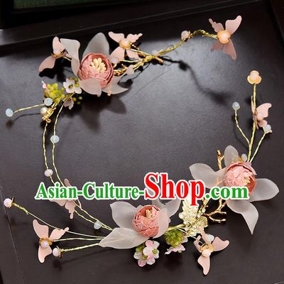 Top Grade Handmade Chinese Classical Hair Accessories Baroque Style Wedding Pink Flowers Garland Hair Clasp Headband Bride Headwear for Women