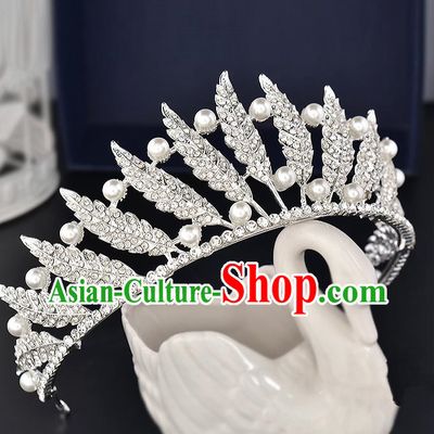 Top Grade Handmade Hair Accessories Baroque Style Wedding Crystal Leaf White Pearls Royal Crown, Bride Princess Hair Kether Jewellery Hair Clasp for Women