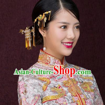 Traditional Handmade Chinese Ancient Wedding Hair Accessories Xiuhe Suit Beads Tassel Step Shake Complete Set, Bride Hanfu Hair Sticks Hair Jewellery for Women