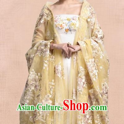 Traditional Chinese Tang Dynasty Imperial Empress Embroidery Costume and Headpiece Complete Set, Once Upon a Time Chinese Ancient Palace Lady Hanfu Dress Clothing for Women