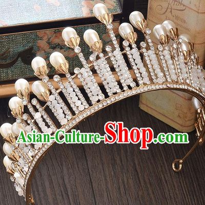 Top Grade Handmade Hair Accessories Baroque Style Wedding Crystal Golden Pearls Royal Crown, Bride Princess Hair Kether Jewellery Imperial Crown for Women