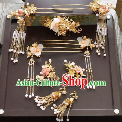 Traditional Handmade Chinese Ancient Wedding Hair Accessories Xiuhe Suit Beads Phoenix Coronet Complete Set, Bride Tassel Step Shake Hanfu Hairpins Hair Sticks Hair Jewellery for Women
