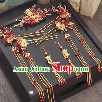 Traditional Handmade Chinese Ancient Wedding Hair Accessories Xiuhe Suit Red Beads Phoenix Coronet Complete Set, Bride Tassel Step Shake Hanfu Hairpins Hair Sticks Hair Jewellery for Women