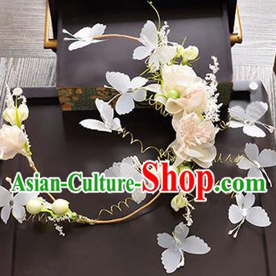 Top Grade Handmade Chinese Classical Hair Accessories Princess Wedding Pink Silk Flowers Butterfly Hair Clasp Headband Bride Headwear for Women