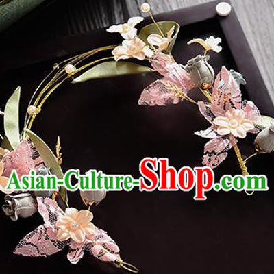 Top Grade Handmade Chinese Classical Hair Accessories Princess Wedding Pink Lace Flowers Butterfly Hair Clasp Headband Bride Headwear for Women