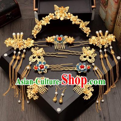 Traditional Handmade Chinese Ancient Wedding Hair Accessories Xiuhe Suit Pearls Phoenix Coronet Complete Set, Bride Tassel Step Shake Hanfu Hairpins Hair Sticks Hair Jewellery for Women