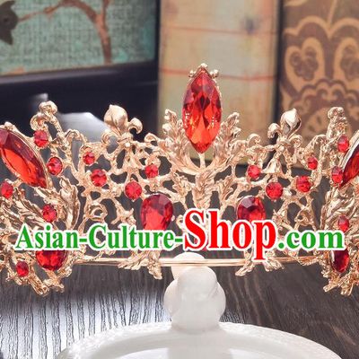 Top Grade Handmade Hair Accessories Baroque Style Wedding Red Crystal Golden Royal Crown, Bride Princess Hair Kether Jewellery Imperial Crown for Women