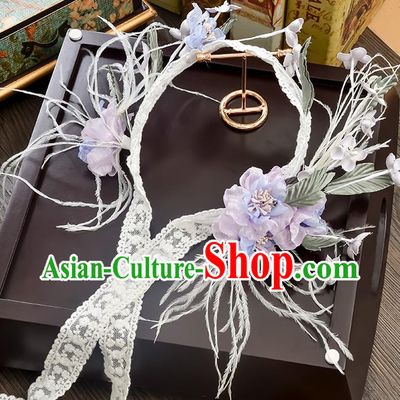 Top Grade Handmade Chinese Classical Hair Accessories Princess Wedding Purple Flower Lace Hair Clasp Hair Stick Headband Bride Headwear for Women
