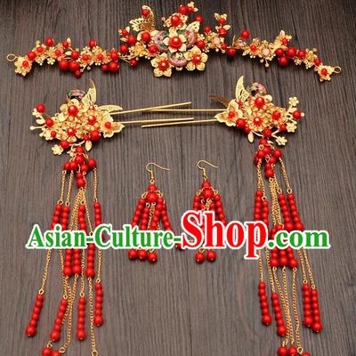 Traditional Handmade Chinese Ancient Wedding Hair Accessories Xiuhe Suit Red Beads Phoenix Coronet Complete Set, Bride Tassel Step Shake Hanfu Hairpins Hair Sticks Hair Jewellery for Women