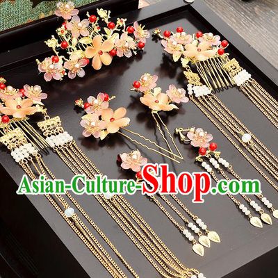 Traditional Handmade Chinese Ancient Wedding Hair Accessories Xiuhe Suit Ancient Costume Crystal Flowers Phoenix Hairpins Complete Set, Bride Step Shake Hanfu Hair Sticks Hair Fascinators for Women