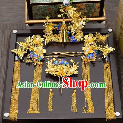 Traditional Handmade Chinese Ancient Wedding Hair Accessories Xiuhe Suit Blueing Cloisonne Butterfly Phoenix Coronet Complete Set, Bride Tassel Step Shake Hanfu Hairpins Hair Sticks Hair Jewellery for Women