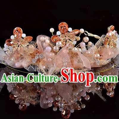 Top Grade Handmade Hair Accessories Baroque Style Palace Princess Wedding Pink Silk Flower Pearls Vintage Royal Crown, Bride Hair Kether Jewellery Imperial Crown for Women