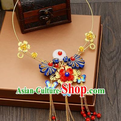 Top Grade Handmade Chinese Classical Jewelry Accessories Xiuhe Suit Wedding Blueing Butterfly Tassel Necklace Bride Hanfu Necklet for Women