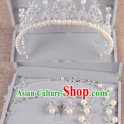 Top Grade Handmade Chinese Classical Jewelry Accessories Queen Wedding Crystal Pearls Royal Crown Earrings and Necklace Bride Ornaments for Women