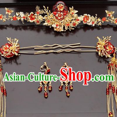 Traditional Handmade Chinese Ancient Wedding Hair Accessories Xiuhe Suit Red Flower Phoenix Coronet Complete Set, Bride Tassel Step Shake Hanfu Hair Fascinators for Women