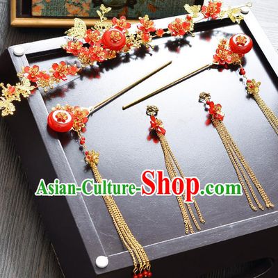 Traditional Handmade Chinese Ancient Wedding Hair Accessories Xiuhe Suit Butterfly Phoenix Coronet Complete Set, Bride Tassel Red Jade Step Shake Hanfu Hair Fascinators for Women