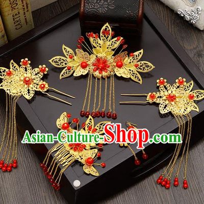 Traditional Handmade Chinese Ancient Wedding Hair Accessories Xiuhe Suit Butterfly Hair Comb Complete Set, Bride Tassel Step Shake Hanfu Hair Fascinators for Women