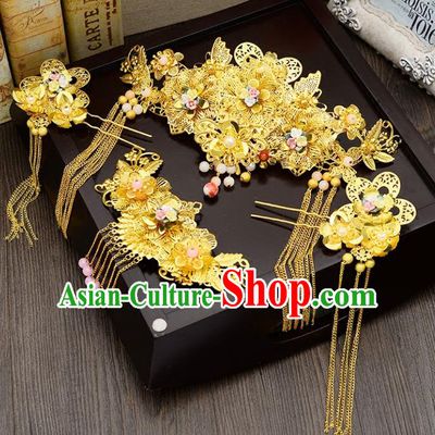 Traditional Handmade Chinese Ancient Wedding Hair Accessories Xiuhe Suit Golden Flowers Forehead Ornament Complete Set, Bride Tassel Step Shake Hanfu Hair Fascinators for Women