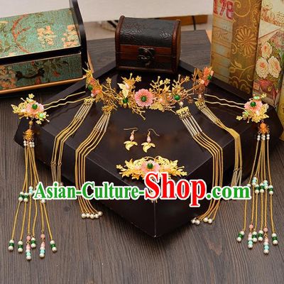 Traditional Handmade Chinese Ancient Wedding Hair Accessories Xiuhe Suit Pink Flowers Forehead Ornament Complete Set, Bride Tassel Step Shake Hanfu Hair Fascinators for Women