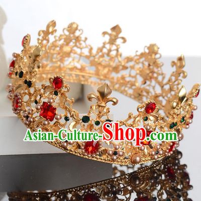 Top Grade Handmade Hair Accessories Baroque Style Palace Princess Wedding Red Crystal Vintage Golden Royal Crown, Bride Hair Kether Jewellery Imperial Crown for Women