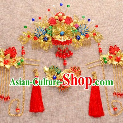 Traditional Handmade Chinese Ancient Wedding Hair Accessories Xiuhe Suit Chinese Knots Forehead Ornament Complete Set, Bride Tassel Step Shake Hanfu Hair Fascinators for Women