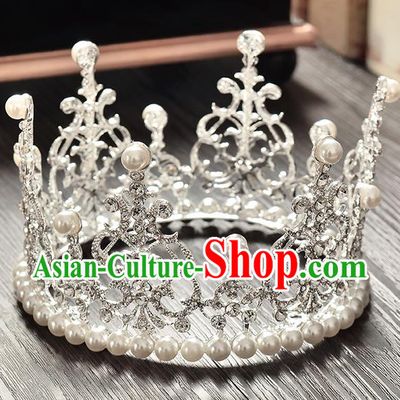 Top Grade Handmade Hair Accessories Baroque Style Palace Princess Wedding Crystal Pearls Vintage Round Royal Crown, Bride Hair Kether Jewellery Imperial Crown for Women