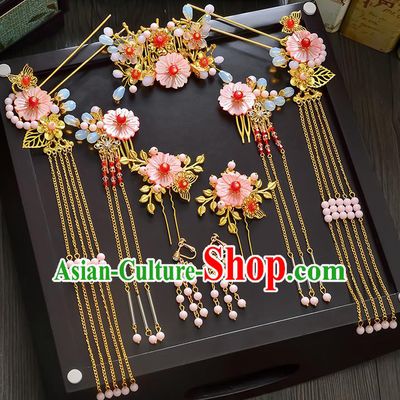 Traditional Handmade Chinese Ancient Wedding Hair Accessories Xiuhe Suit Pink Shell Flowers Forehead Ornament Complete Set, Bride Tassel Step Shake Hanfu Hair Fascinators for Women