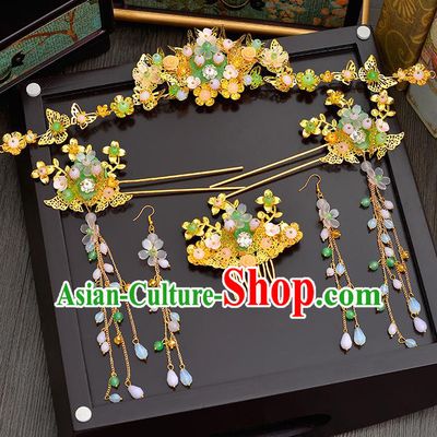 Traditional Handmade Chinese Ancient Wedding Hair Accessories Xiuhe Suit Green Jade Forehead Ornament Complete Set, Bride Tassel Step Shake Hanfu Hair Fascinators for Women