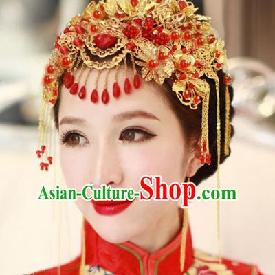 Traditional Handmade Chinese Ancient Wedding Hair Accessories Xiuhe Suit Tassel Phoenix Coronet, Bride Step Shake Hanfu Hair Fascinators for Women